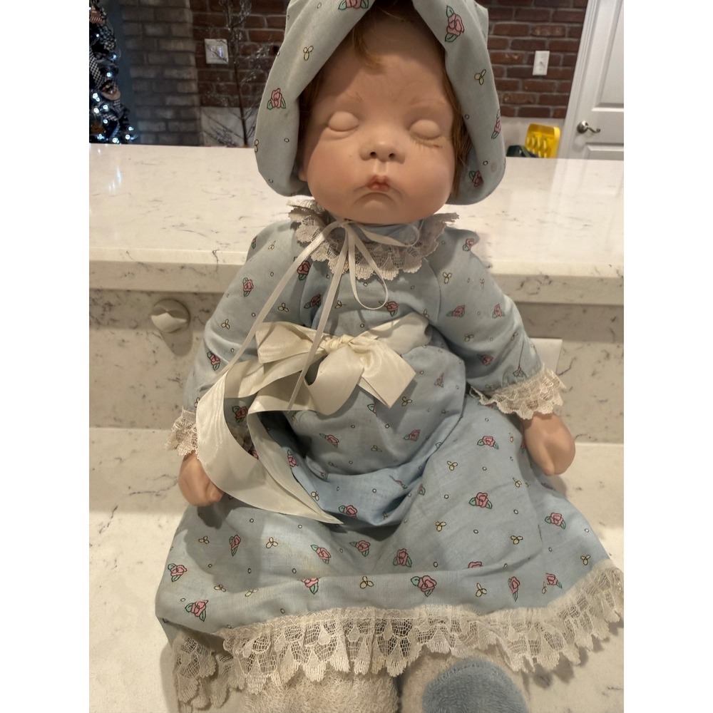 Vintage Realistic Baby Doll Sleeping Blue Bonnet Dress Collectible Toy Porcelain